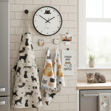 Orologi da Cucina, Calamite, Grembiuli e Strofinacci a Tema Gatto: Accessori Felini per la Tua Cucina